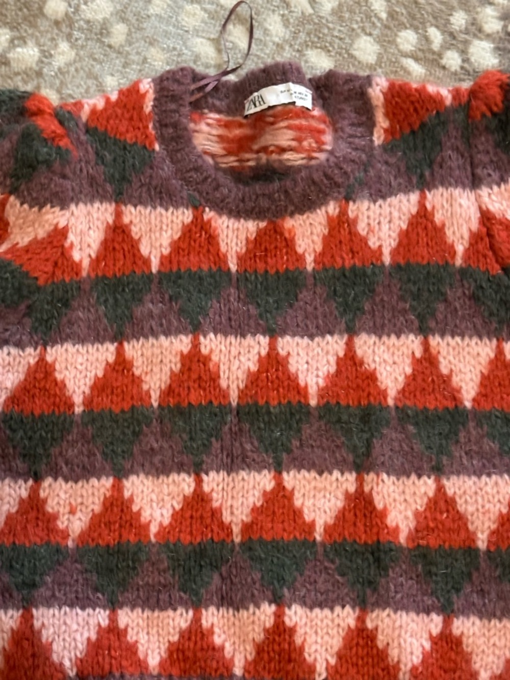 Zara Crewneck Sweater in Red, Pink & Green Geometric Stripe - Picture 2 of 4